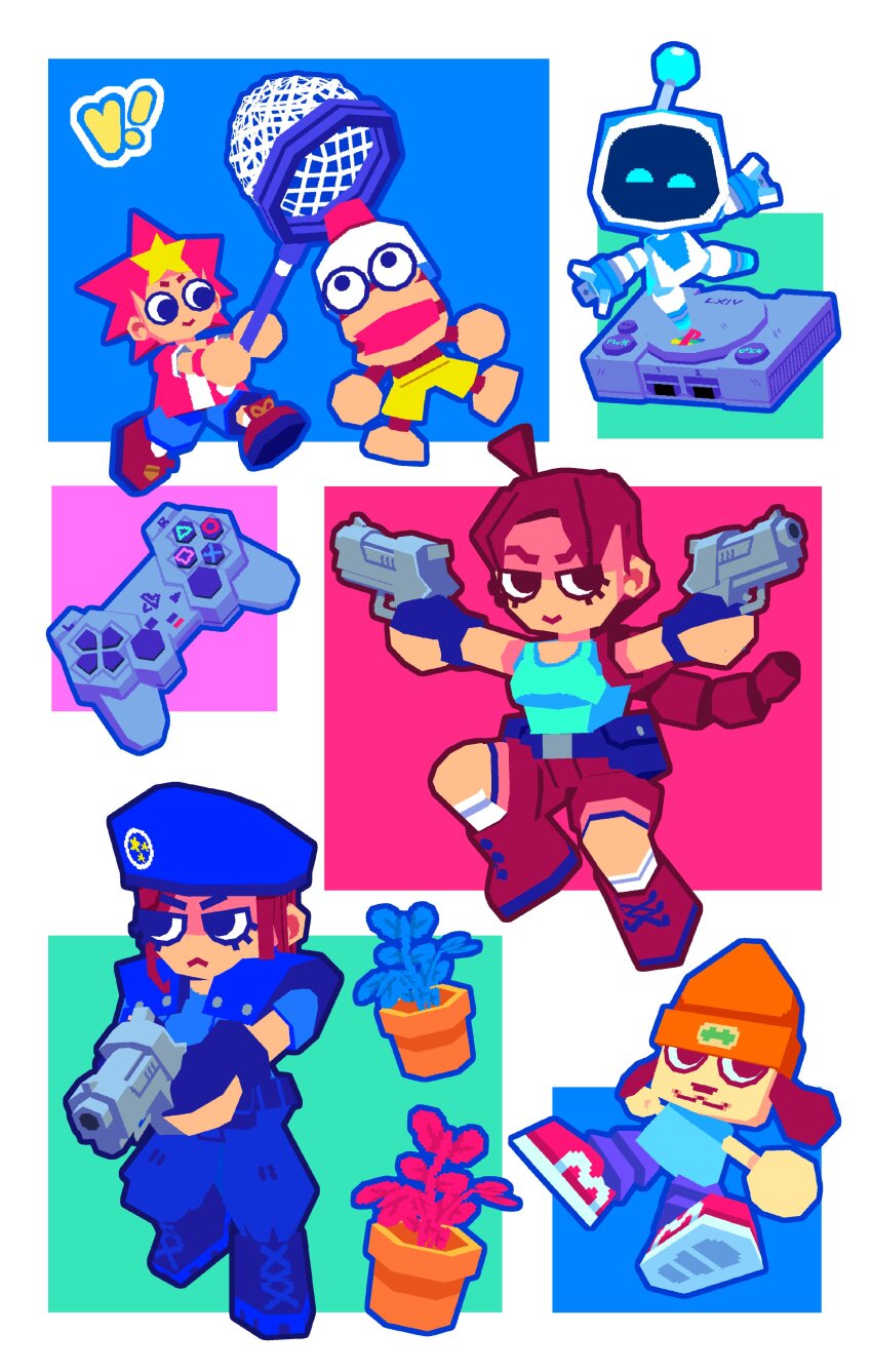 1boy, 2girls, absurdres, ahoge, aqua_shirt, armor, astro_bot, astro_bot_(series), beanie, beret, blue_hat, blue_pants, blue_shirt, boots, breasts, brown_boots, brown_hair, brown_shorts, dog, dual_wielding, game_console, game_controller, gun, hat, highres, holding, holding_gun, holding_needle, holding_weapon, jill_valentine, kakeru_(saru_getchu), lara_croft, long_hair, low_poly, medium_breasts, monkey, multicolored_hair, multiple_girls, needle, orange_hat, pants, parappa, parappa_the_rapper, pipo_monkey, plant, playstation_1, playstation_controller, potted_plant, resident_evil, resident_evil_1, saru_getchu, shirt, short_hair, shorts, shoulder_armor, tank_top, tomb_raider, two-tone_hair, violet_(violxiv), weapon