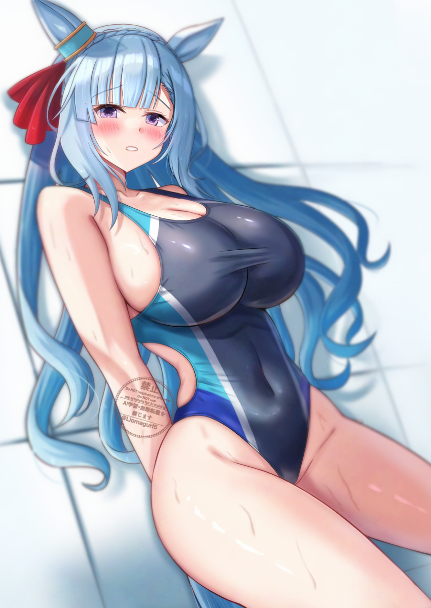 1girl, animal_ears, blue_hair, blue_one-piece_swimsuit, blush_stickers, braid, breasts, commentary_request