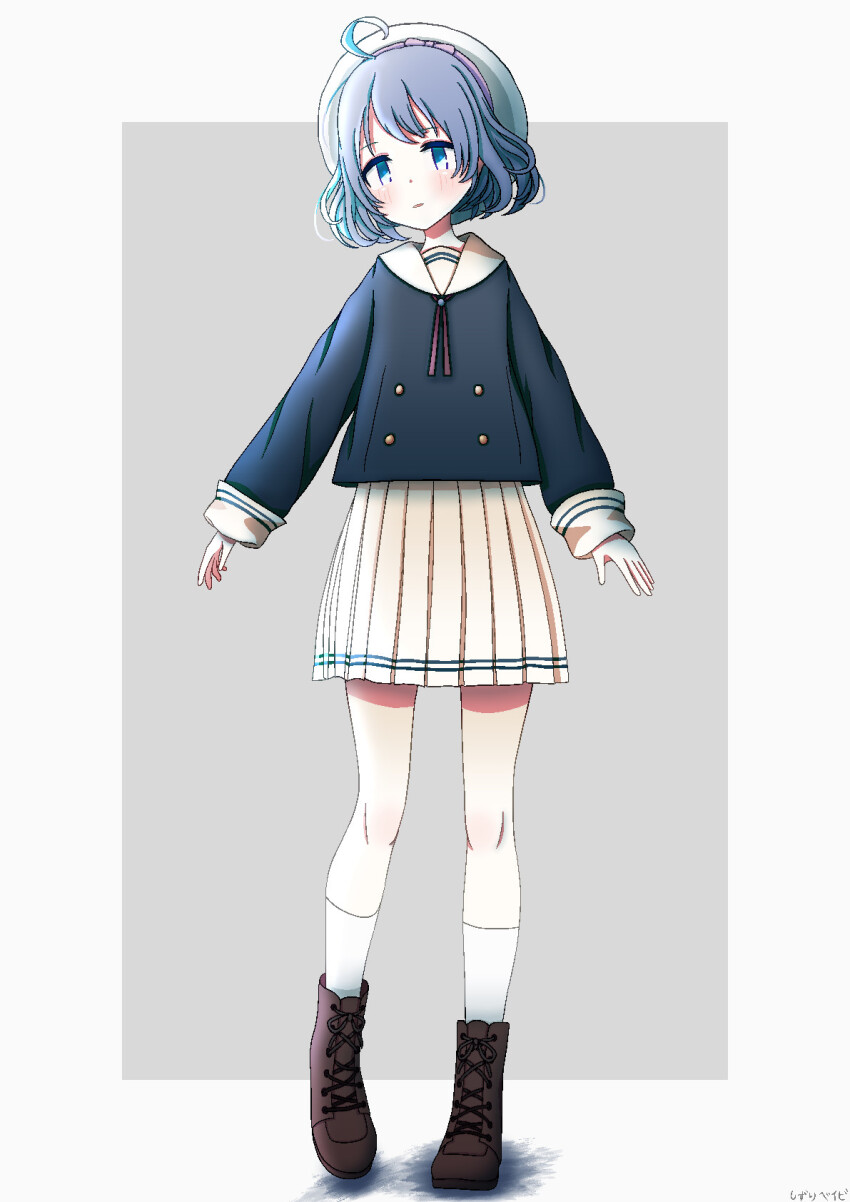 1girl, ahoge, aquarium_wa_odoranai, blue_eyes, blue_hair, boots, bow, dress