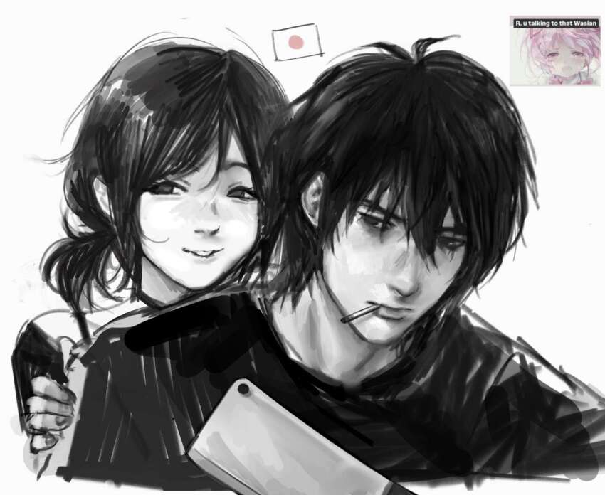 1boy, 1girl, andrew_graves, ashley_graves, black_eyes, black_hair, black_shirt, cigarette