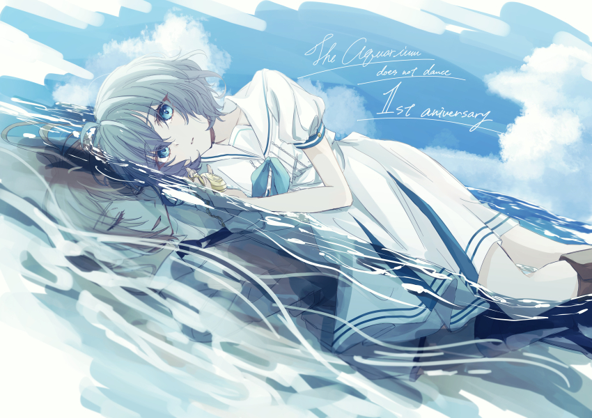 2girls, absurdres, ahoge, aquarium_wa_odoranai, blue_bow, blue_eyes, blue_hair, boots