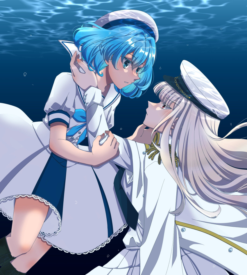 2girls, ahoge, aquarium_wa_odoranai, blue_eyes, blue_hair, boots, bow, collared_shirt