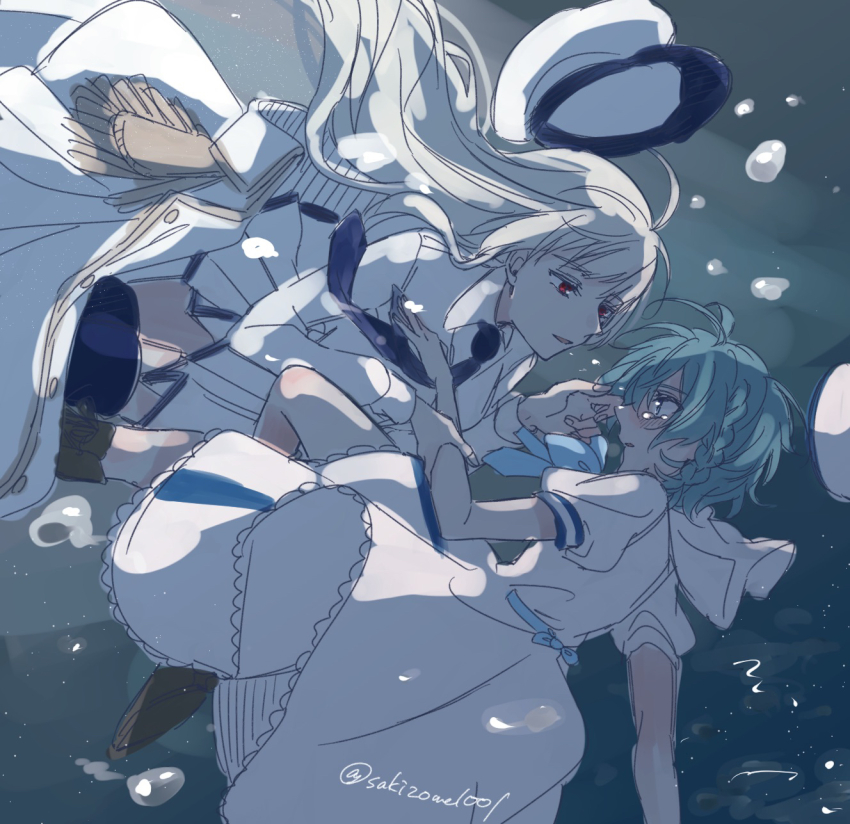 2girls, ahoge, air_bubble, aquarium_wa_odoranai, blue_eyes, blue_hair, boots, bow