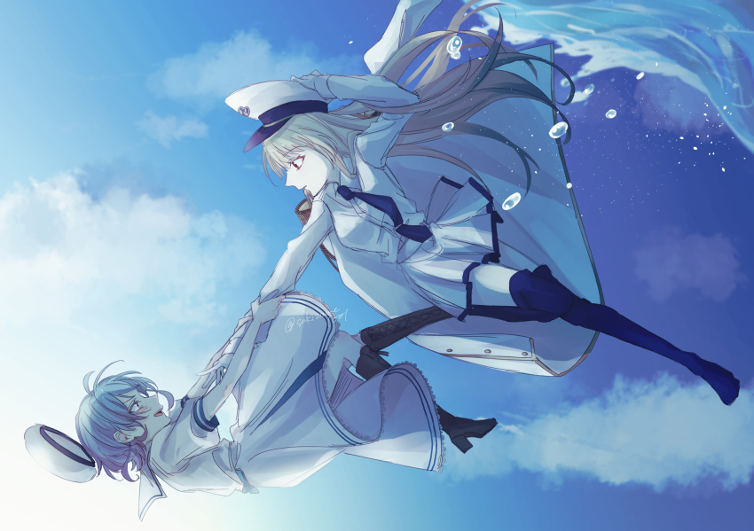 2girls, ahoge, aquarium_wa_odoranai, blue_eyes, blue_hair, boots, bow, collared_shirt