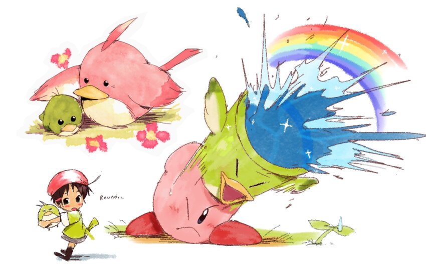 1girl, adeleine, bendedede, beret, bird, blush, brown_hair, bucket