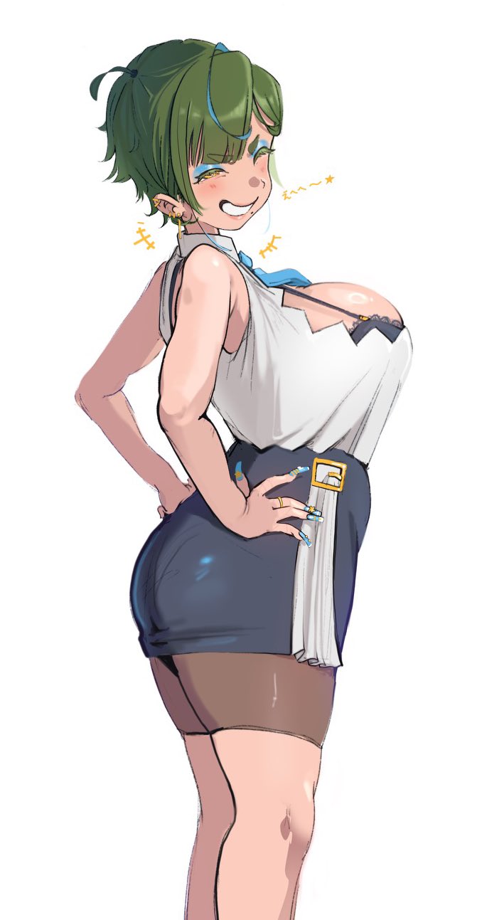 1girl, black_bra, blue_eyeshadow, blue_nails, blue_skirt, blush, bra, breasts