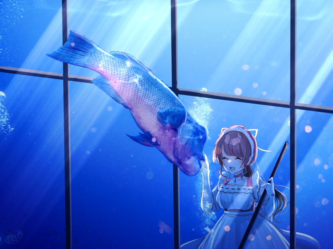 1girl, apron, aquarium, aquarium_wa_odoranai, asian_sheepshead_wrasse, broom, brown_hair, choker