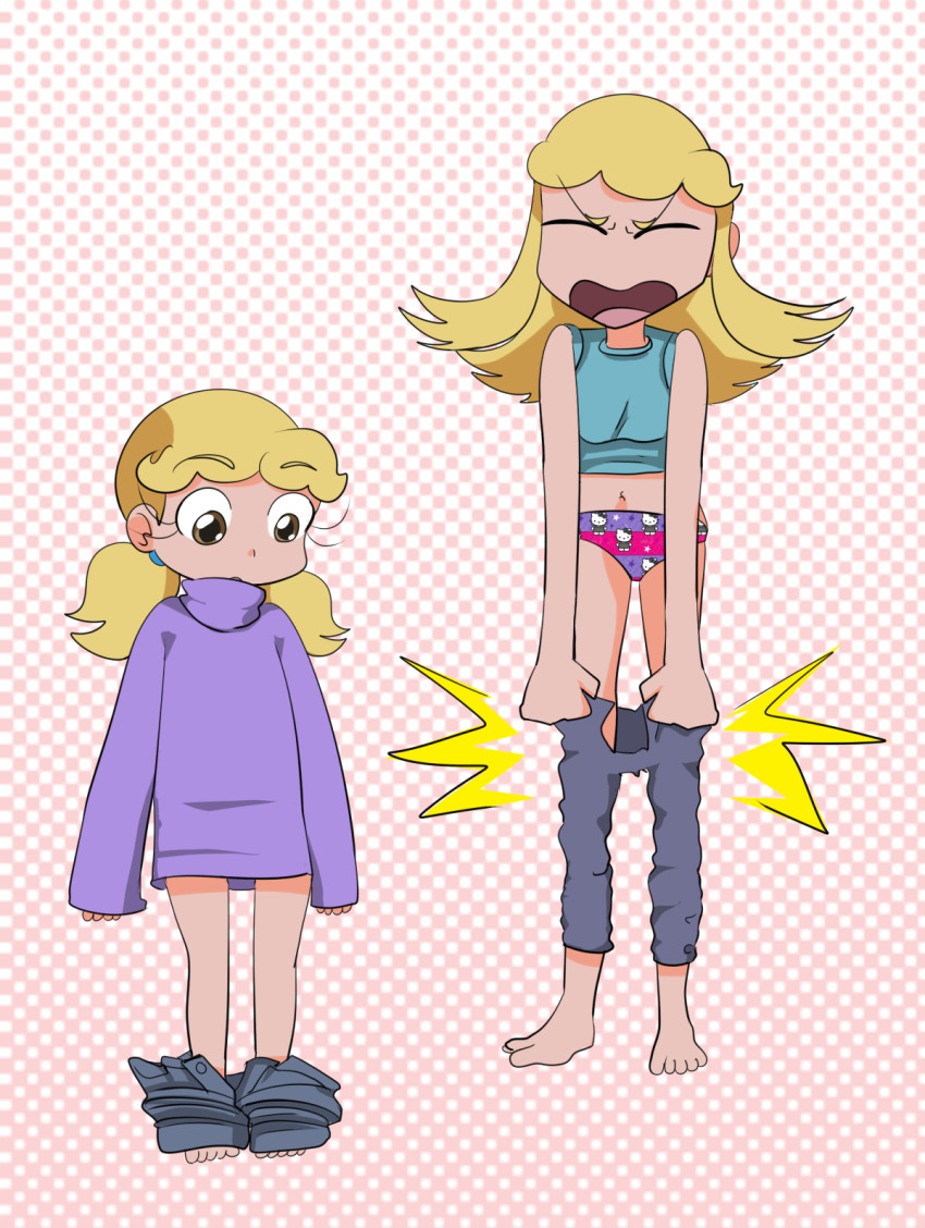 2girls, amber_(oot94), amber_(oot94)_(cosplay), animal_print, barefoot, bipinkbunny, blonde_hair, blue_pants