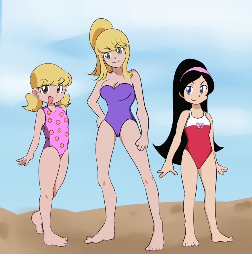 3girls, amber_(oot94), barefoot, beach, bipinkbunny, black_hair, blonde_hair, blue_eyes