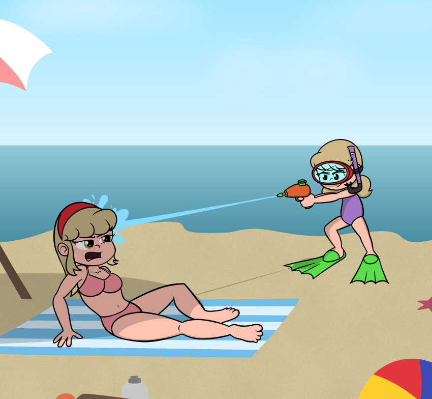 2girls, absurdres, amber_(oot94), angry, animal, annoyed, arm_support, ball