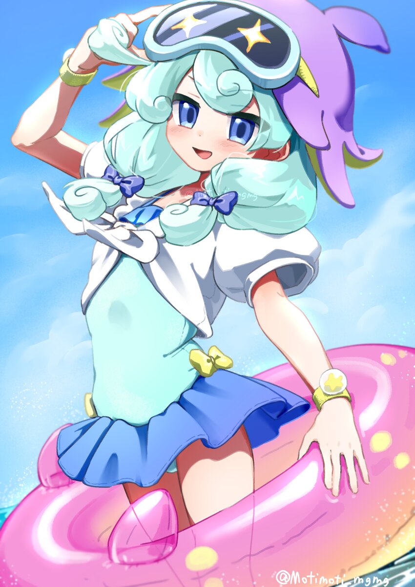 1girl, absurdres, animal_hat, arm_up, blue_bow, blue_eyes, blue_hair, blue_one-piece_swimsuit