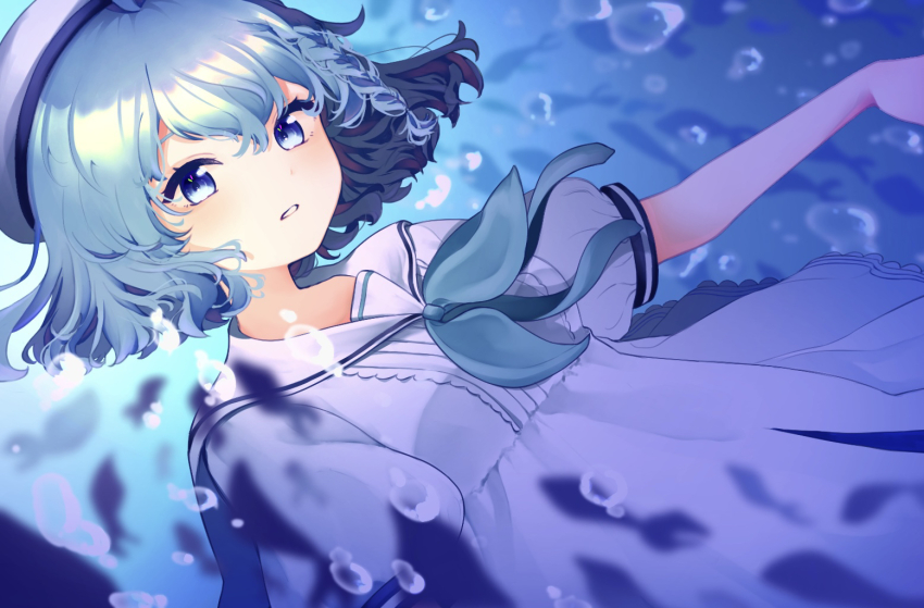 1girl, air_bubble, aquarium_wa_odoranai, blue_eyes, blue_hair, bow, braid, bubble