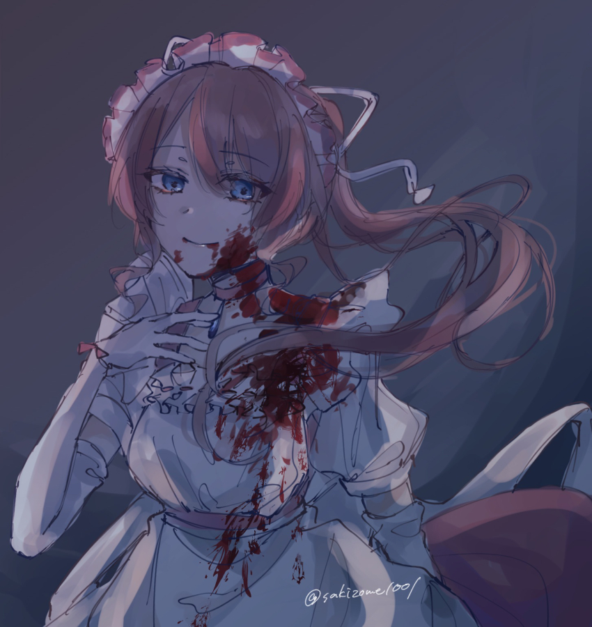 1girl, apron, aquarium_wa_odoranai, blood, blood_on_face, blue_eyes, brown_hair, choker