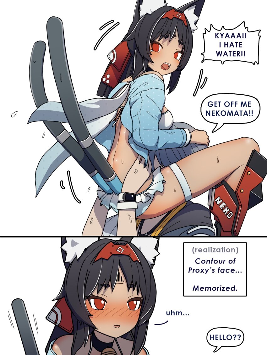 absurdres, animal_ears, bare_legs, black_hair, blush, cat_ears, cat_tail, dark-skinned_female, dark_skin, dorahdew, highres, hug, nekomiya_mana, red_eyes, swimsuit, tail, wet, wise_(zenless_zone_zero), zenless_zone_zero