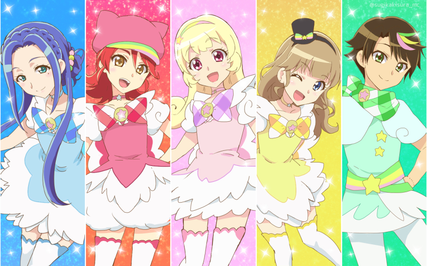 1boy, 4girls, :d, ;d, anzai_tokiwa, aqua_eyes, black_hairband, black_hat