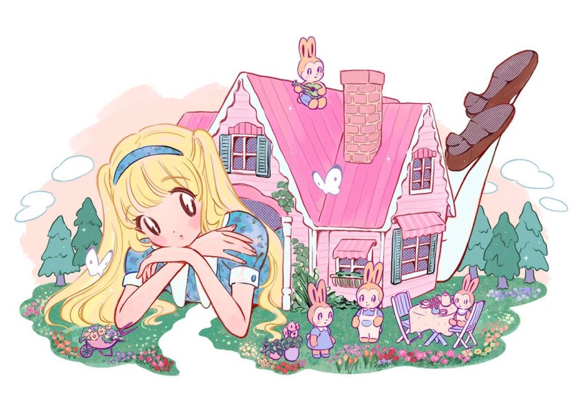 2boys, 3girls, alice's_adventures_in_wonderland, alice_(alice_in_wonderland), awning, black_eyes, blonde_hair, blue_dress