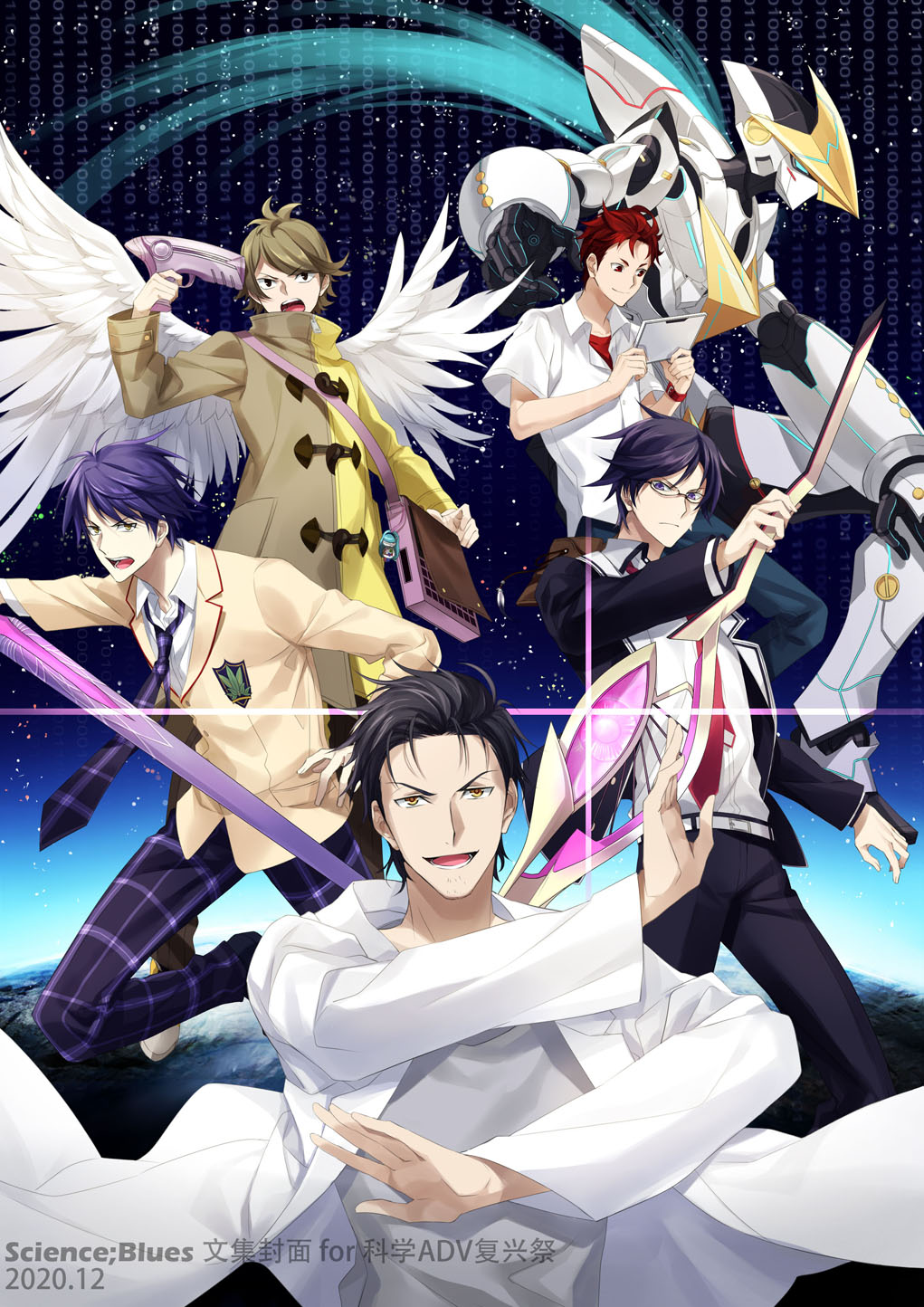 5boys, angel_wings, beard_stubble, belt, black_jacket, black_pants, blazer, blue_hair