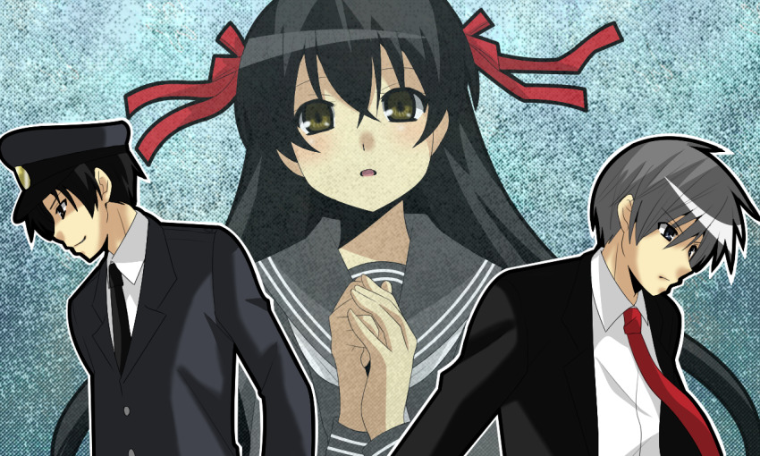 1girl, 2boys, black_hair, black_serafuku, collared_shirt, formal_clothes, grey_hair, hair_ornament