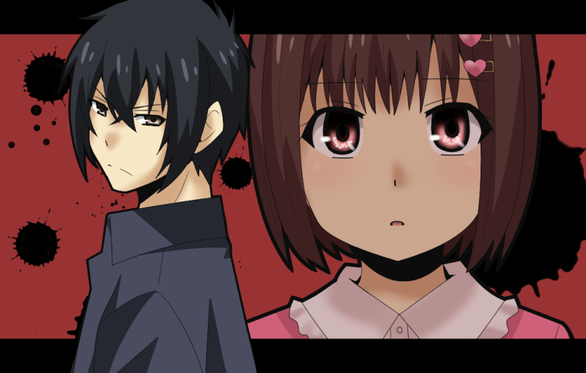 1boy, 1girl, black_hair, blue_eyes, blue_hair, blue_jacket, blunt_bangs, dress