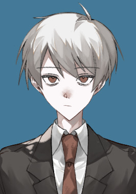 1boy, collared_shirt, expressionless, formal_clothes, grey_hair, himuro_hitoshi, kaii_shoukougun, lowres, male_focus, necktie, red_necktie, shirt, short_hair, solo, suit, tori_i4, upper_body