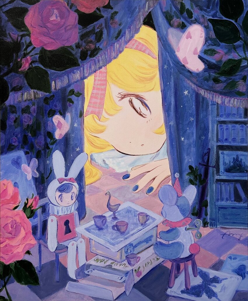 1girl, ace_(playing_card), ace_of_spades, alice's_adventures_in_wonderland, alice_(alice_in_wonderland), artist_name, black_eyes, blonde_hair, blue_nails, book, bookshelf, box, bug, butterfly, card, chair, closed_mouth, comcomblue, commentary, cup, curtains, doll, flower, hairband, highres, insect, keyhole, leaf, looking_at_object, lying, nail_polish, on_stomach, painting_(object), pink_hairband, playing_card, red_flower, red_rose, rose, signature, sitting, solo, spade_(shape), star_(symbol), stool, stuffed_animal, stuffed_rabbit, stuffed_toy, teacup, toy, winding_key