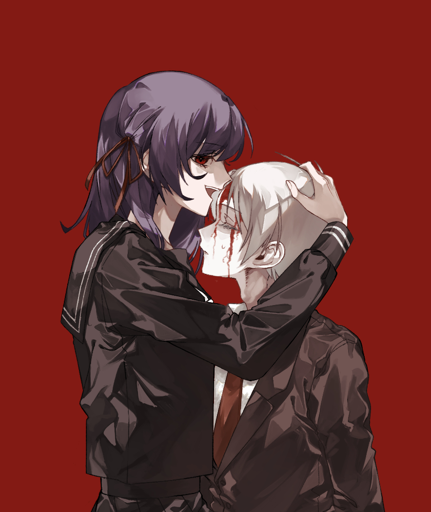 1boy, 1girl, black_hair, black_serafuku, blood, blood_on_face, closed_eyes, collared_shirt