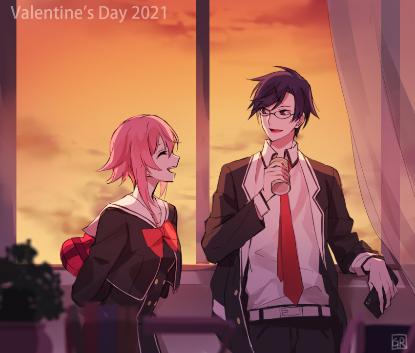 1boy, 1girl, against_windowsill, belt, black_jacket, black_pants, blue_eyes, blue_hair