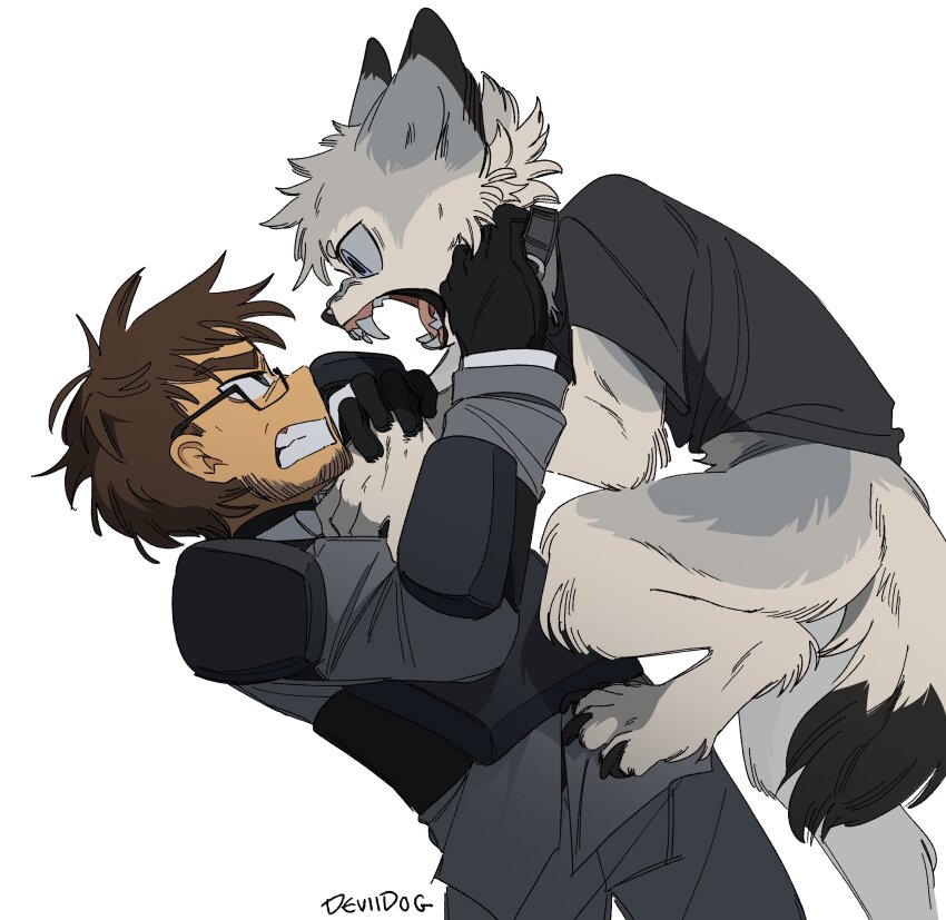 2boys, absurdres, attack, beard, black_shirt, blue_eyes, body_fur, brown_hair