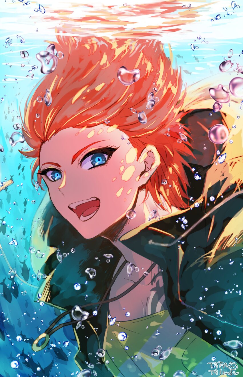 1boy, :d, absurdres, air_bubble, blue_eyes, bubble, fish, floating_neckwear