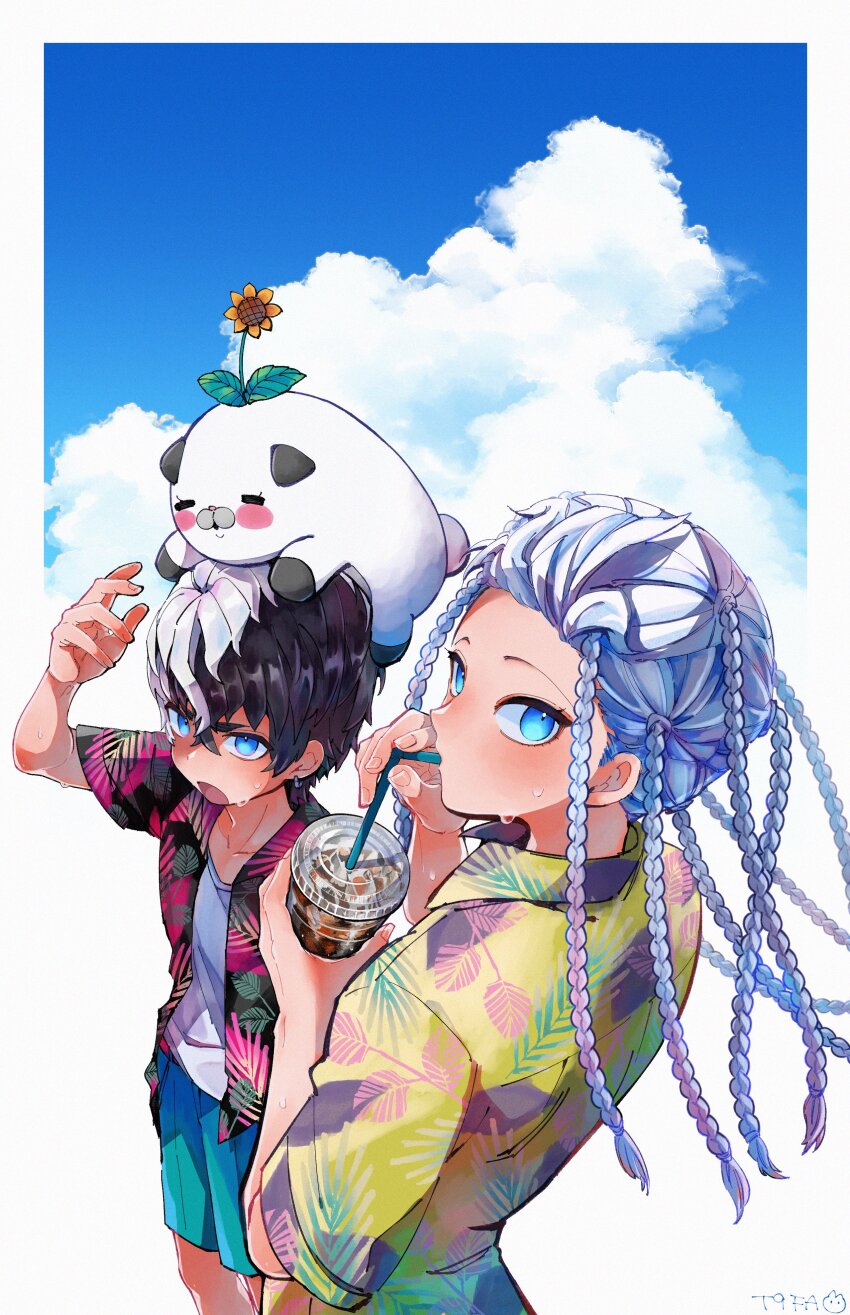 2boys, :o, absurdres, aqua_shorts, black_hair, border, braid, cloud