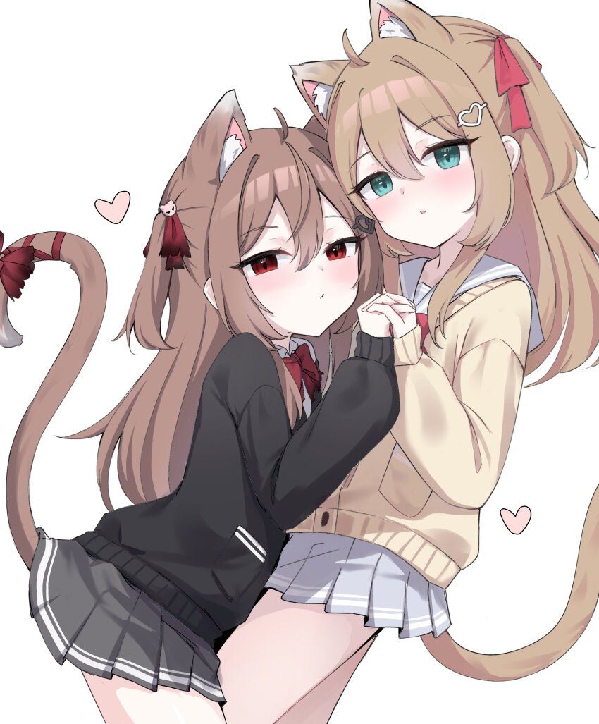 2girls, absurdres, animal_ears, black_cardigan, blue_eyes, bow, broken_heart, broken_heart_hair_ornament, brown_hair, cardigan, cat_ears, cat_tail, cattocut, evil_neuro-sama, hair_between_eyes, hair_ornament, heart, heart_hair_ornament, highres, holding_hands, indie_virtual_youtuber, long_hair, looking_at_viewer, multiple_girls, neuro-sama, pleated_skirt, red_bow, red_eyes, second-party_source, siblings, sisters, skirt, tail, twins, two_side_up, vedal_ai, virtual_youtuber, yellow_cardigan