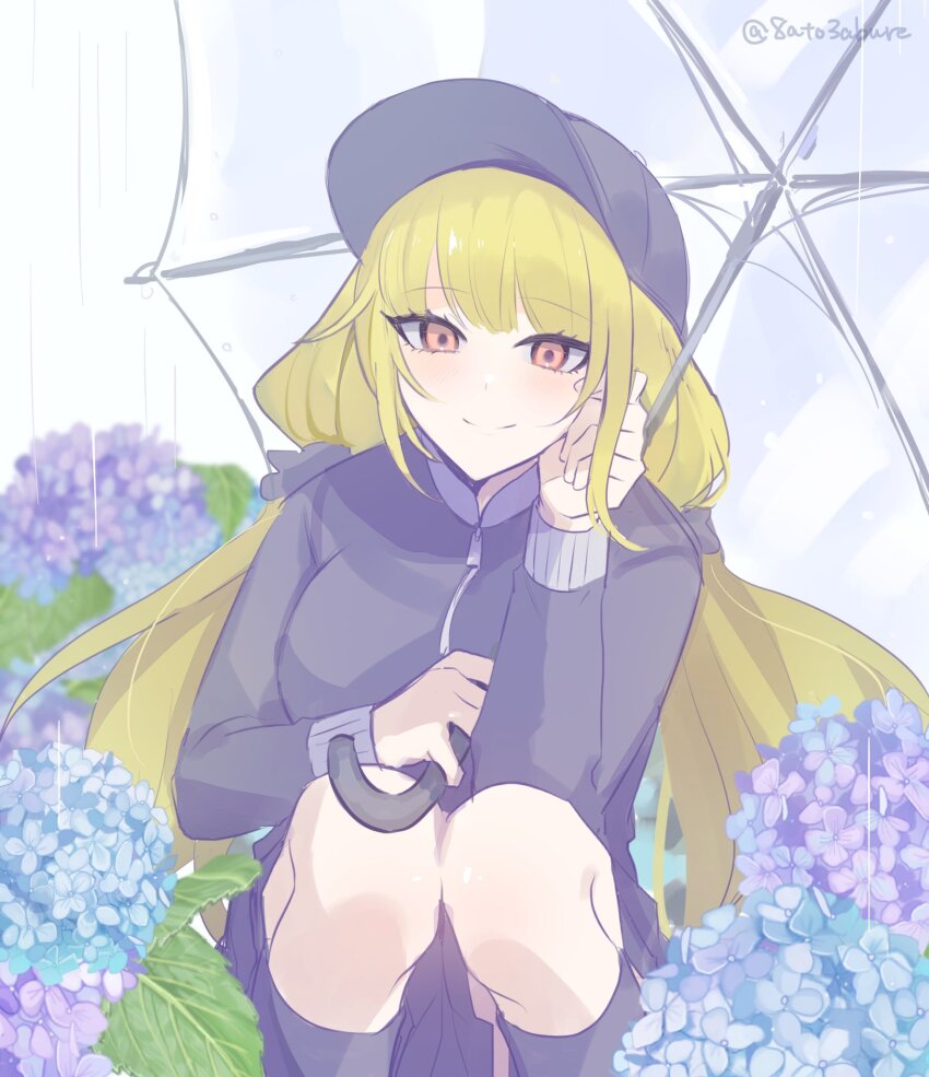 1girl, 8ato3abure, arisugawa_saori, baseball_cap, black_hat, black_jacket, blonde_hair, commentary_request