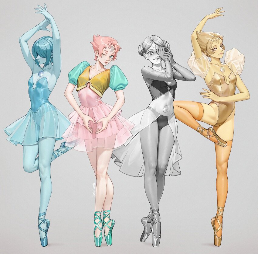 4girls, adelheid_(moschiola), armpits, arms_up, ballerina, ballet_slippers, blue_diamond_(steven_universe), blue_dress