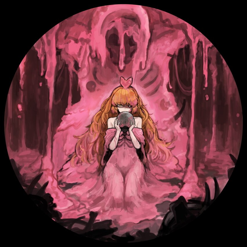 1girl, absurdres, adoration_(e.g.o), badnick69_(camchi), black_border, black_sclera, border, colored_sclera, covered_navel, dress, e.g.o_(project_moon), full_body, heterochromia, highres, ishmael_(project_moon), limbus_company, lobotomy_corporation, long_hair, looking_at_viewer, melting_love, orange_hair, pink_dress, project_moon, sitting, skull, slime_(substance), white_eyes, yellow_eyes