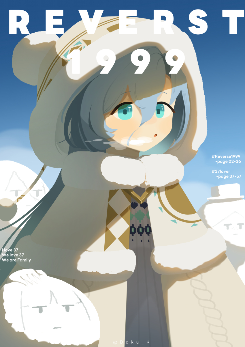 1girl, 37_(maidjump_goods_cafe)_(reverse:1999), 37_(reverse:1999), :o, absurdres, beanie, blue_eyes, blue_hair