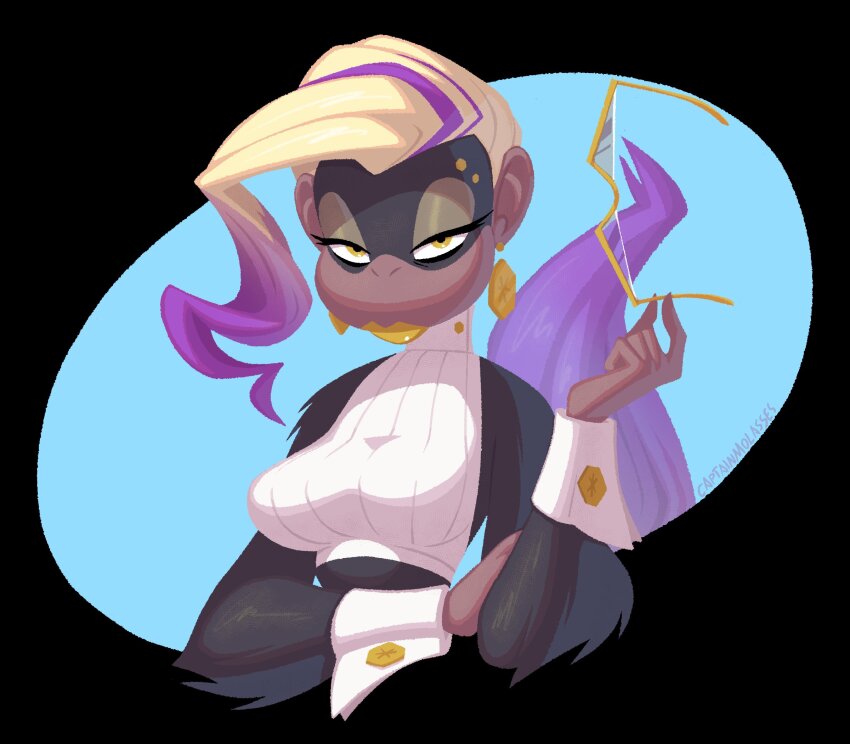 1girl, bare_shoulders, black_border, blonde_hair, blue_background, border, breasts, captainmolasses