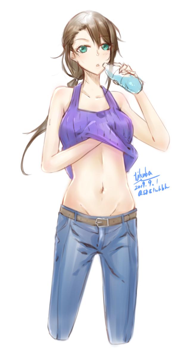 1girl, belt, belt_buckle, blue_pants, blush, bottle, breasts, brown_belt