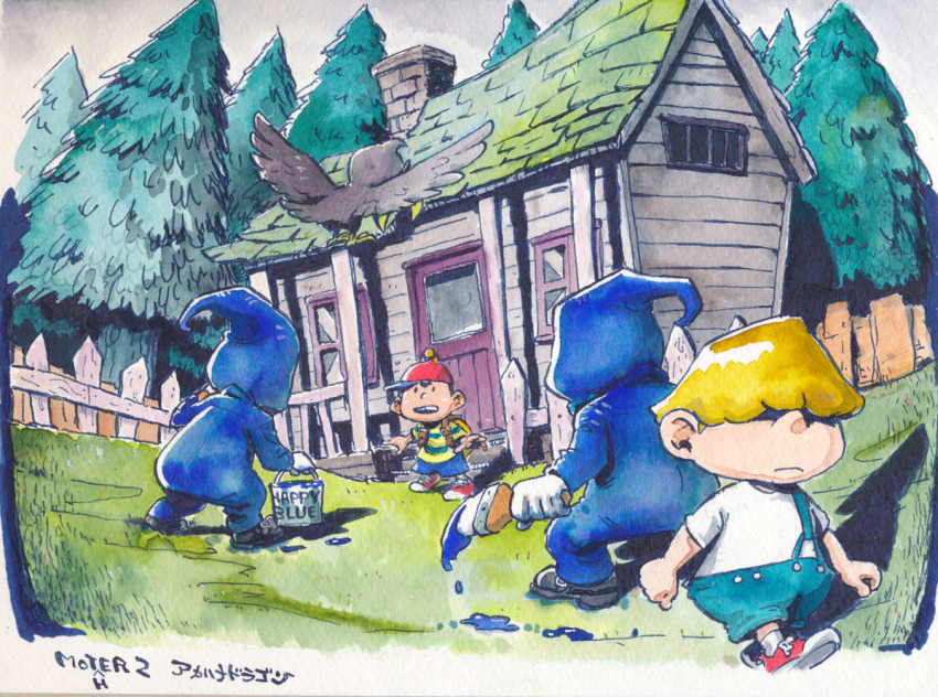 4boys, akahanadragon, backpack, bag, baseball_cap, bird, blonde_hair, bucket, chimney, crow, door, fence, full_body, grass, hair_over_eyes, happy_happyist, hat, holding, holding_bucket, holding_paintbrush, hood, house, mother_(series), mother_2, multiple_boys, ness_(mother_2), nintendo, open_mouth, outdoors, paint_can, paintbrush, pine_tree, porky_minch, shirt, shoes, shorts, sneakers, spiteful_crow, striped_clothes, striped_shirt, suspenders, tree, walking, window, wooden_fence