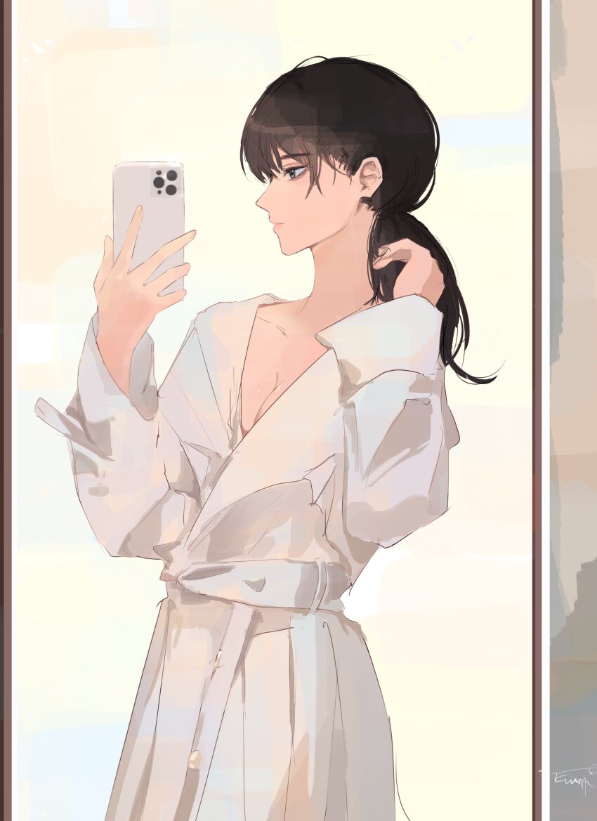 1girl, absurdres, bathrobe, black_eyes, black_hair, breasts, cellphone, chainsaw_man