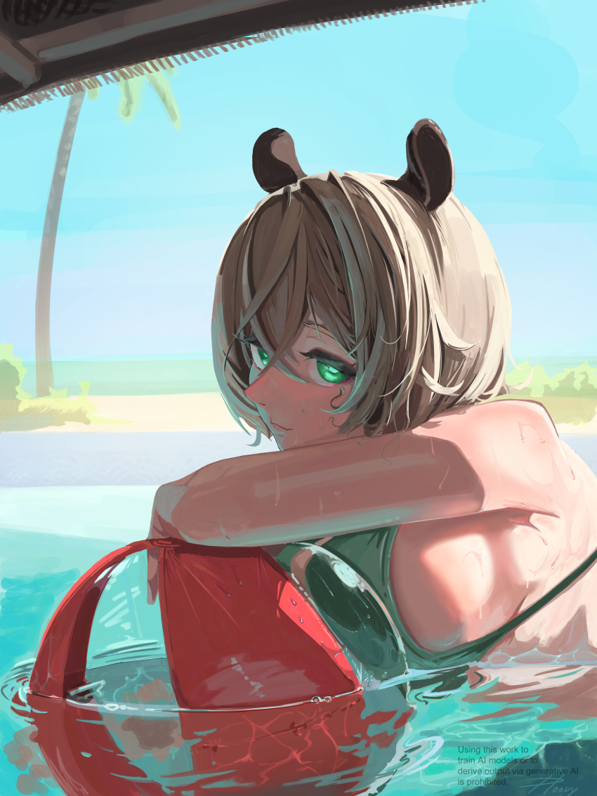 1girl, absurdres, animal_ears, ball, beach, beachball, bikini, breasts
