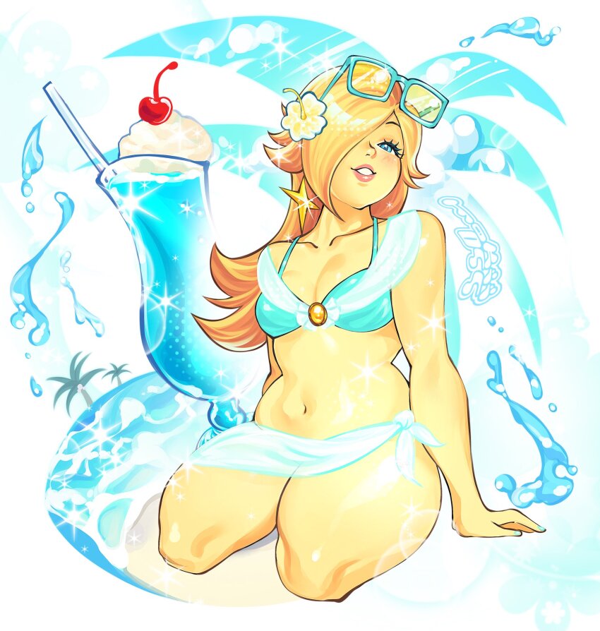1girl, bare_shoulders, beach, bikini, blonde_hair, blue_bikini, blue_eyes, blush, breasts, cherry, cleavage, collarbone, earrings, eyewear_on_head, flower, food, fruit, glass, hair_flower, hair_ornament, hair_over_one_eye, highres, jewelry, long_hair, mario_(series), medium_breasts, milkshake, mokii099, navel, nintendo, ocean, open_mouth, palm_tree, rosalina, sarong, smile, solo, star_(symbol), star_earrings, stomach, strawberry, sunglasses, swimsuit, teeth, tree, water