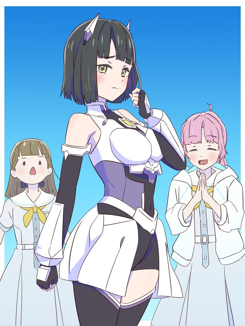 3girls, :d, ^_^, anyoji_hime, anyoji_hime_(cosplay), armpit_crease, bare_shoulders, black_bodysuit, black_gloves, black_hair, blue_background, blunt_bangs, blunt_ends, bob_cut, bodysuit, braid, breasts, brown_hair, center-flap_bangs, chestnut_mouth, closed_eyes, commentary_request, cosplay, cowboy_shot, d:, dress, elbow_gloves, fanfare!!!_(love_live!), fingerless_gloves, gloves, gradient_background, hasu_no_shousankaku, hasu_no_sora_school_uniform, headpiece, highres, hood, hooded_jacket, jacket, kachimachi_kosuzu, link!_like!_love_live!, love_live!, medium_breasts, momose_ginko, multi-tied_hair, multiple_girls, myrain56991013, neckerchief, open_clothes, open_jacket, open_mouth, own_hands_together, palms_together, pink_hair, pleated_dress, ponytail, school_uniform, short_hair, short_sleeves, side_braids, simple_background, smile, standing, summer_uniform, three-quarter_sleeves, virtual_youtuber, white_jacket, yellow_neckerchief