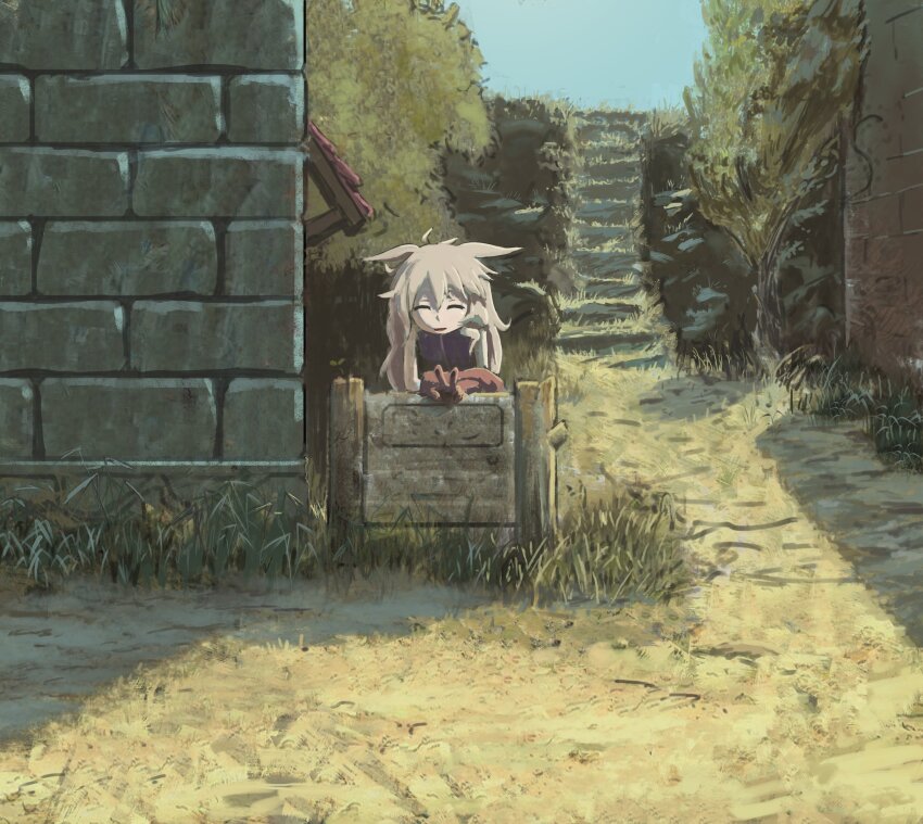 1girl, absurdres, anon_pan, bare_shoulders, brown_hair, closed_eyes, cobblestone, dirt, faux_traditional_media, fluffy_hair, gloves, grass, hair_tuft, highres, leather, leather_gloves, long_hair, messy_hair, open_mouth, pavement, purple_shirt, rabi_alnea, rural, sequel_(series), shirt, sign, sleeveless, sleeveless_shirt, smile, stairs, tree, v