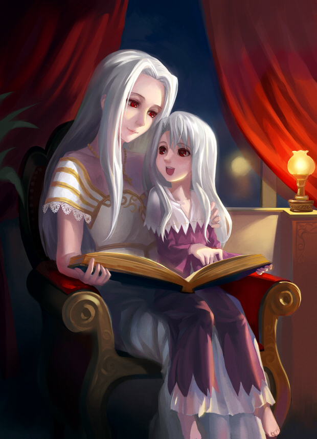2girls, :d, age_difference, barefoot, book, capelet, chair, curtains, emiya_family_(fate), family_bonding, fate/stay_night, fate/zero, fate_(series), illyasviel_von_einzbern, irisviel_von_einzbern, irisviel_von_einzbern_(angel's_song), lamp, long_hair, mother_and_child, mother_and_daughter, multiple_girls, open_book, open_mouth, parent_and_child, reading, red_eyes, silver_hair, sitting, sitting_on_lap, sitting_on_person, smile, yunohara_konomi