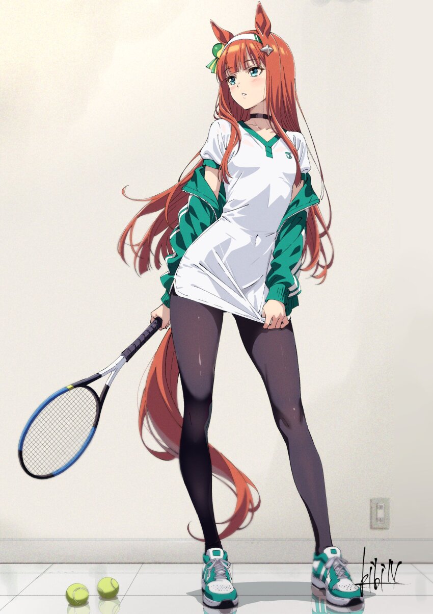 1girl, animal_ears, aqua_shoes, black_choker, black_pantyhose, blue_eyes, blush, choker