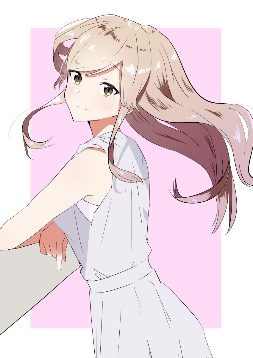 1girl, absurdres, blonde_hair, border, brown_eyes, brown_hair, crossed_arms, dress