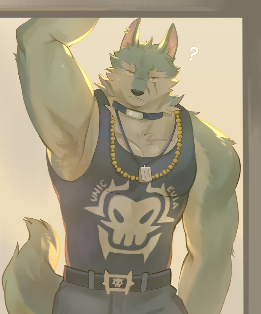 1boy, ?, animal_ears, arm_up, armpits, black_shirt, black_tank_top, collar, commentary, commentary_typo, denim, dislyte, dog_tags, english_commentary, facial_scar, freddy_(fenrir)_(dislyte), furry, furry_male, grey_pants, highres, jewelry, looking_at_viewer, male_focus, multiple_scars, muscular, muscular_male, necklace, osllo_(oslomanl), pants, pectorals, scar, scar_across_eye, scar_on_cheek, scar_on_face, shirt, sleeveless, sleeveless_shirt, tail, tank_top, wolf_boy, wolf_ears, wolf_tail