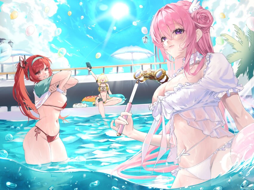 3girls, bikini, blonde_hair, blue_sky, breasts, clothes_lift, curvy, day