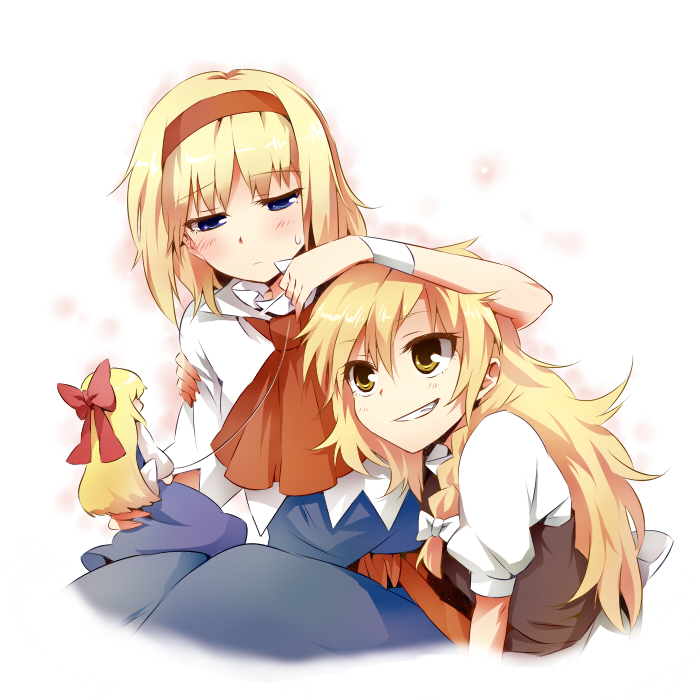 2girls, alice_margatroid, ascot, blonde_hair, blue_eyes, braid, capelet, doll