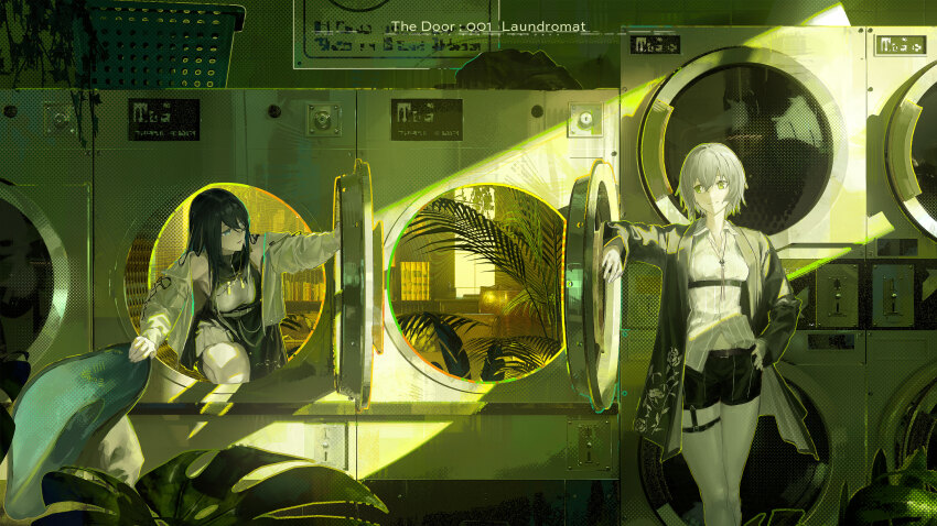 2girls, absurdres, bare_shoulders, belt, black_belt, black_coat, black_dress, black_hair